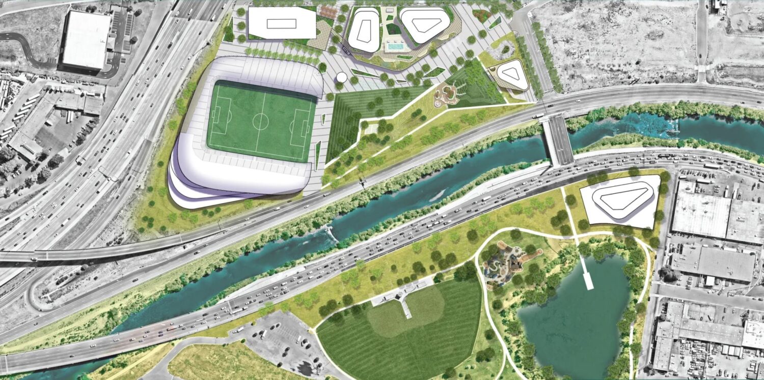NWSL Stadium Denver aerial rendering development map.