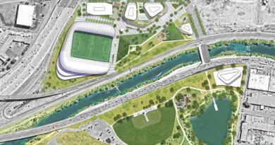 NWSL Stadium Denver aerial rendering development map.
