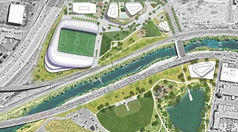 NWSL Stadium Denver aerial rendering development map.